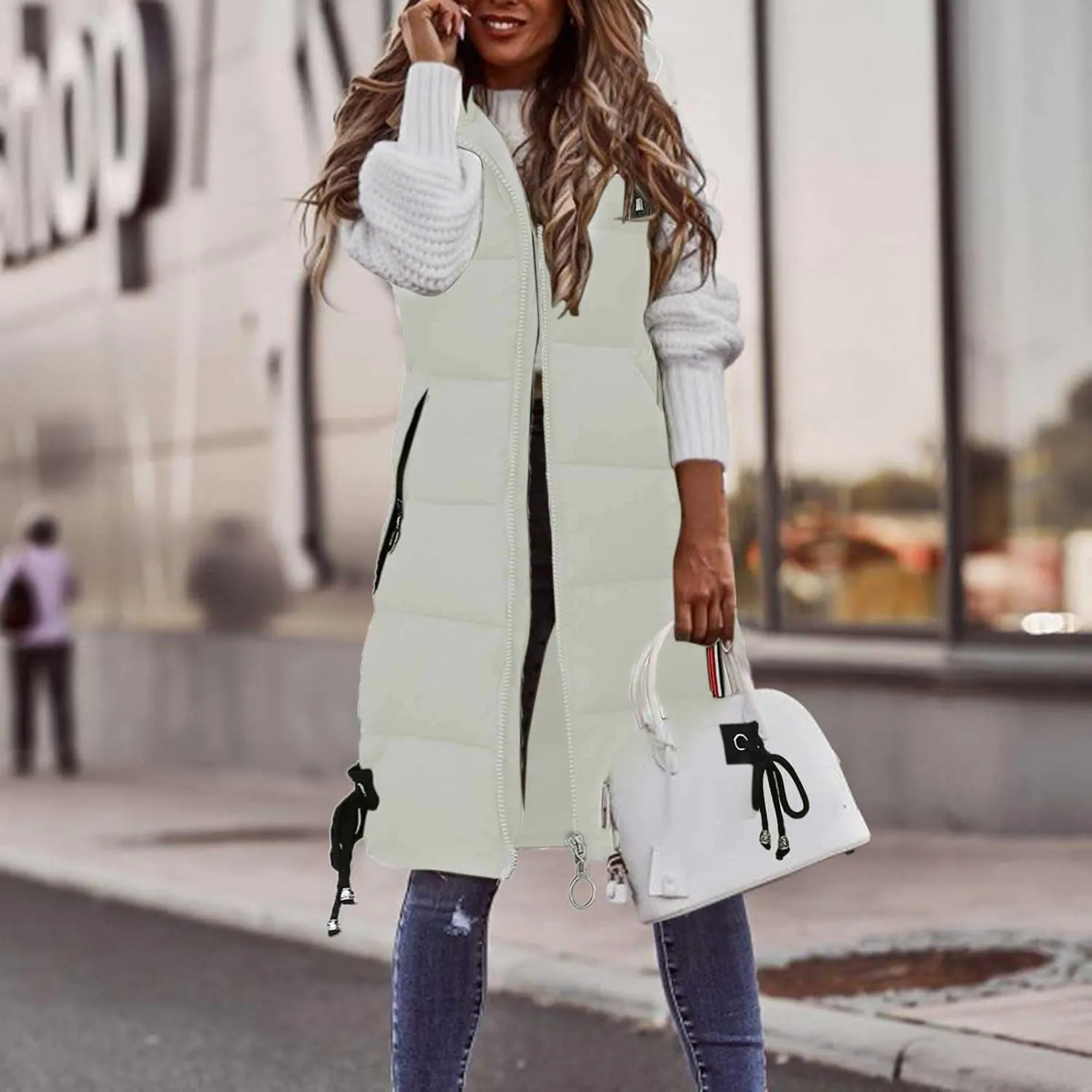 Womens Casual Solid Puffer Jacket Vest Hooded Sleeveless Zipper Long Down Coat Tanks 2024 Winter Fashion Padded Outwear