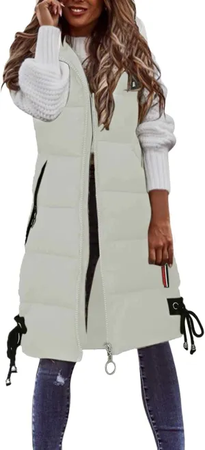 Womens Casual Solid Puffer Jacket Vest Hooded Sleeveless Zipper Long Down Coat Tanks 2024 Winter Fashion Padded Outwear