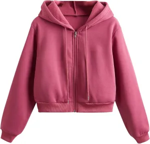 Women's Cropped Hoodie Long Sleeve Plain Lightweight Zip Up Hooded Sweatshirts Outwear Teens Tops with Pockets