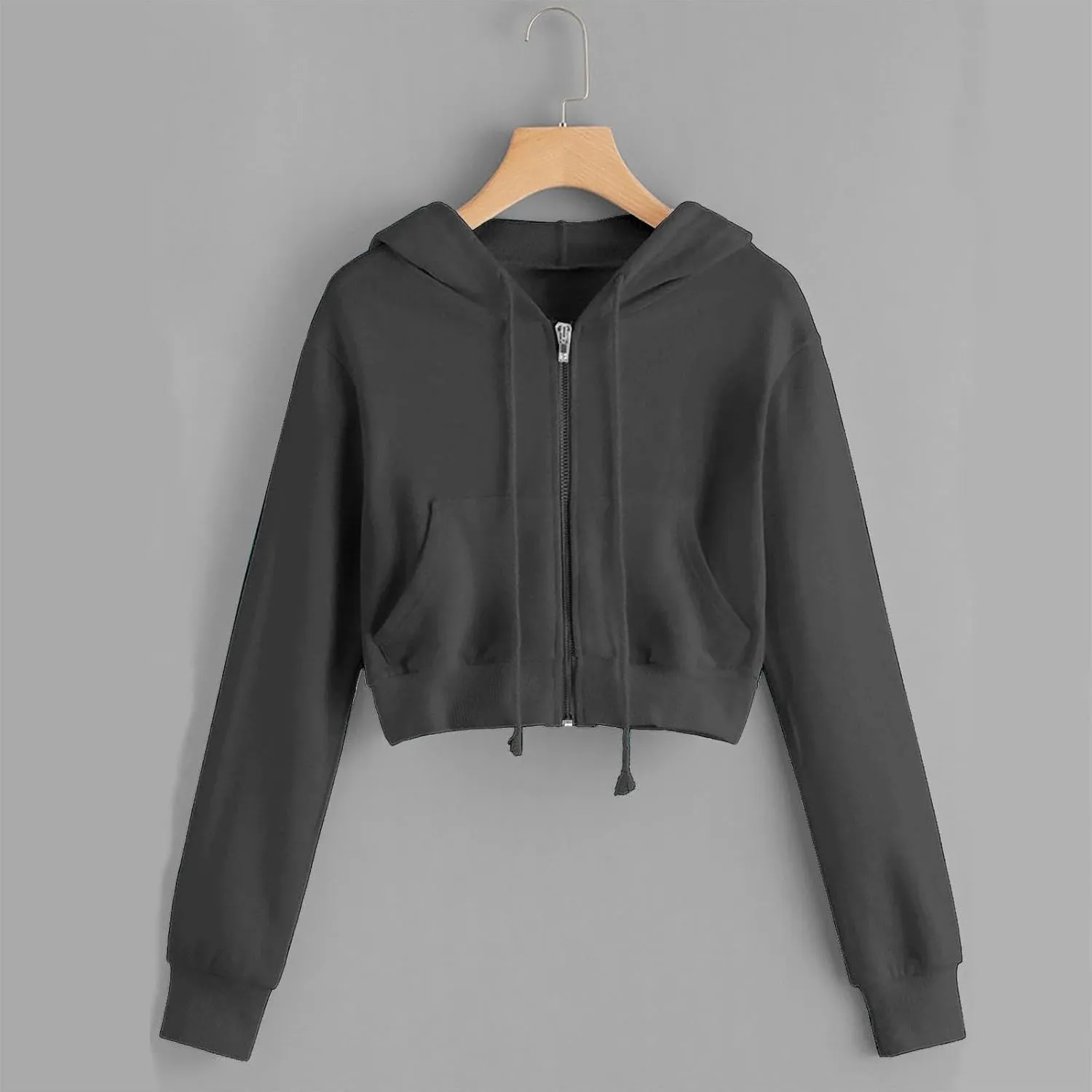 Women's Cropped Hoodie Long Sleeve Plain Lightweight Zip Up Hooded Sweatshirts Outwear Teens Tops with Pockets