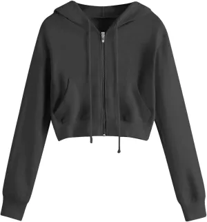 Women's Cropped Hoodie Long Sleeve Plain Lightweight Zip Up Hooded Sweatshirts Outwear Teens Tops with Pockets