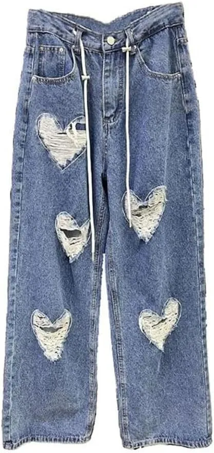 Women's Denim Pants Heart Shape Broken Holes Distressed Loose Straight Drawstring Jeans