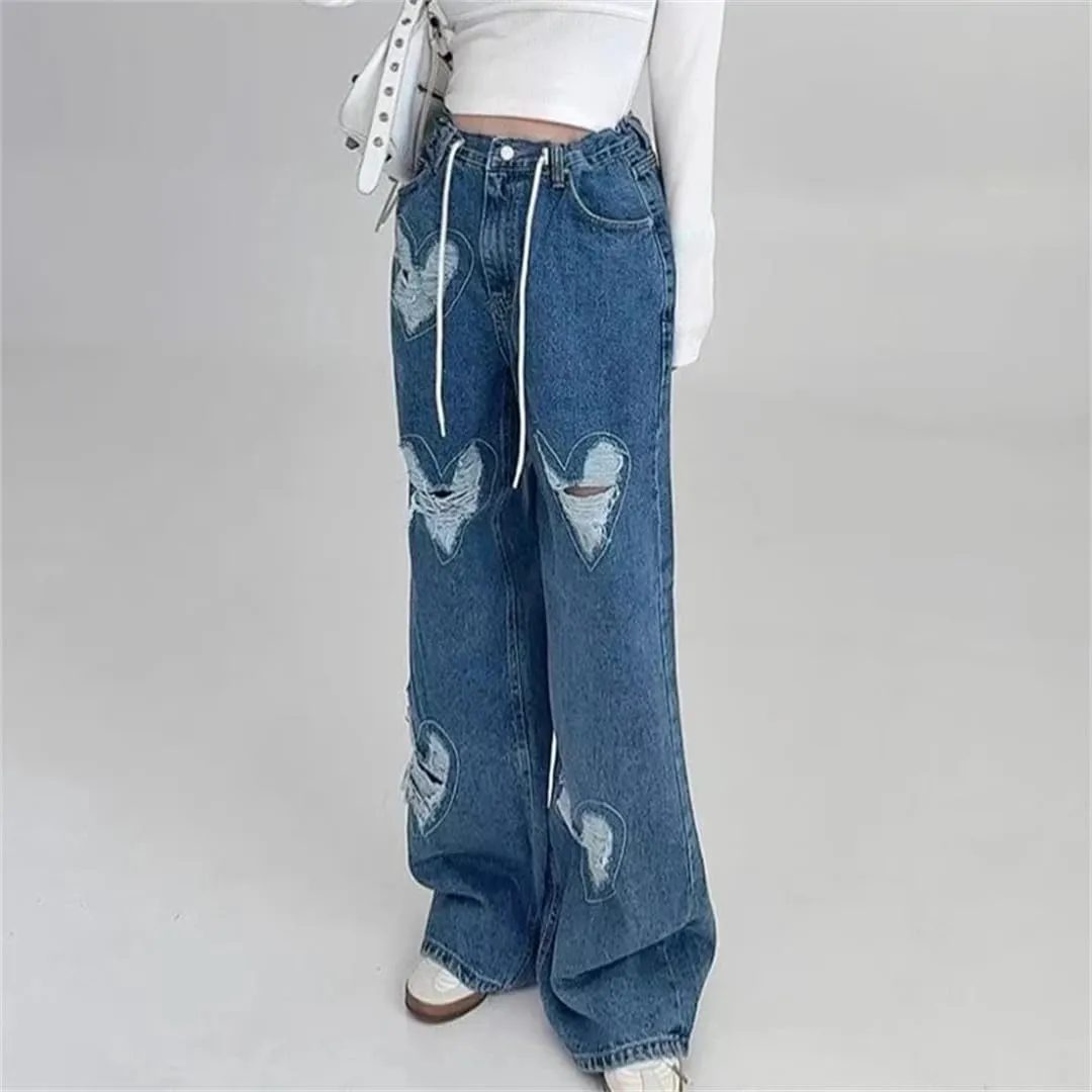 Women's Denim Pants Heart Shape Broken Holes Distressed Loose Straight Drawstring Jeans