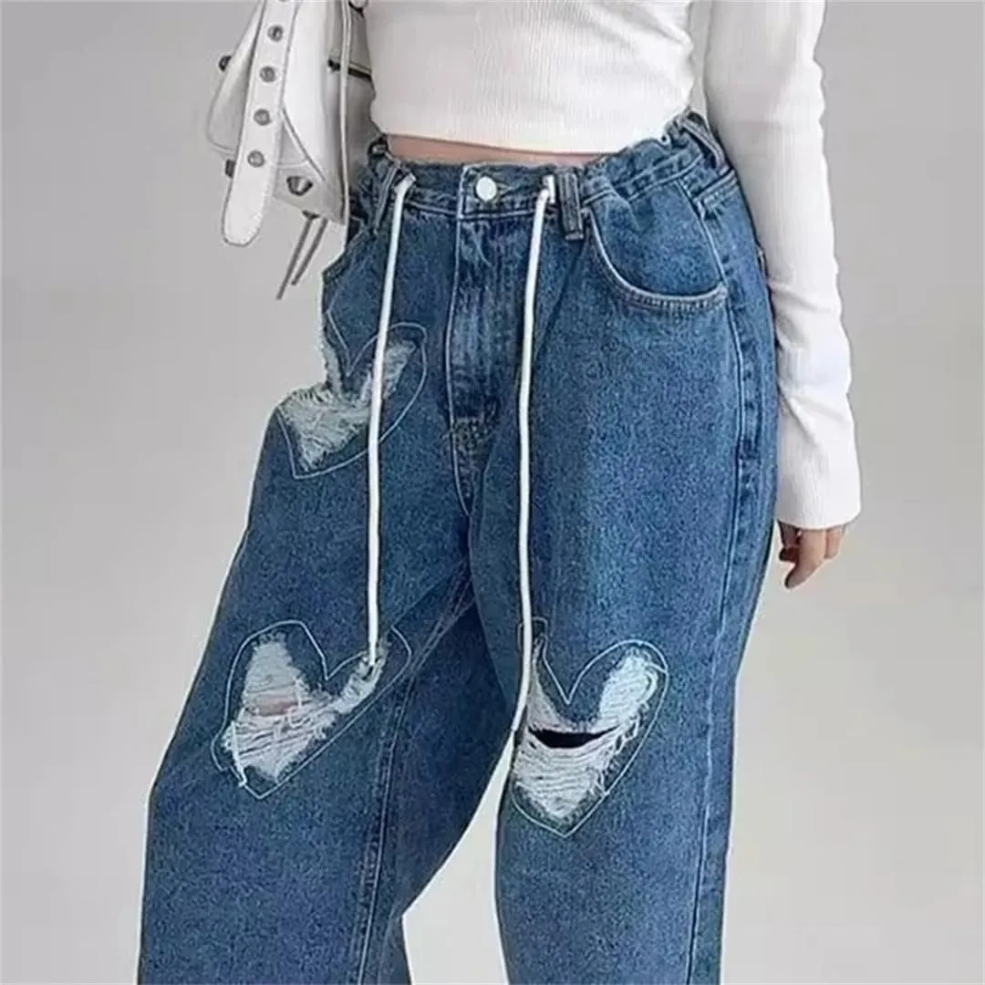 Women's Denim Pants Heart Shape Broken Holes Distressed Loose Straight Drawstring Jeans