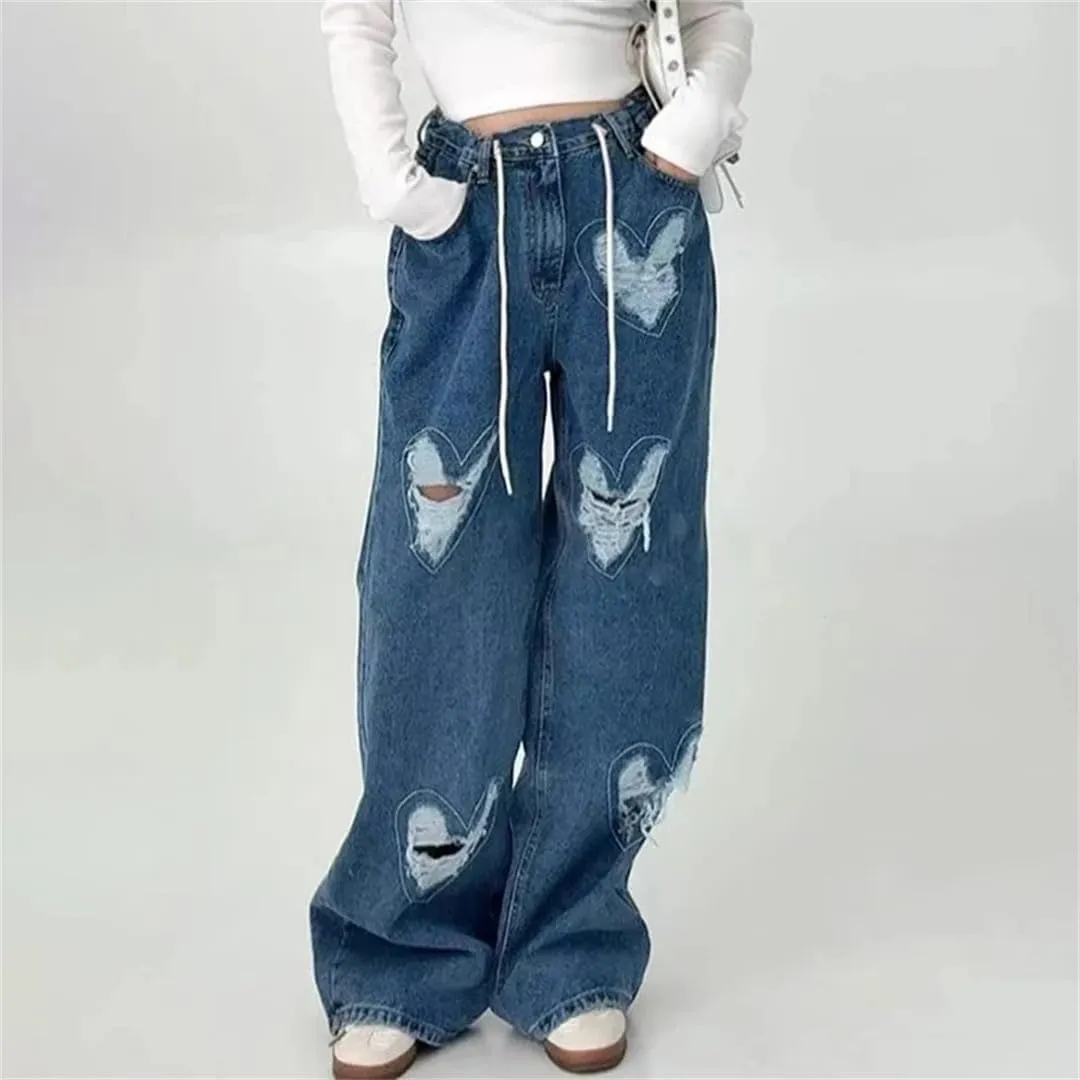 Women's Denim Pants Heart Shape Broken Holes Distressed Loose Straight Drawstring Jeans