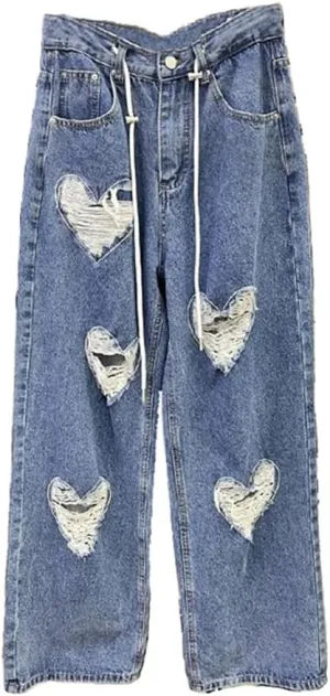 Women's Denim Pants Heart Shape Broken Holes Distressed Loose Straight Drawstring Jeans
