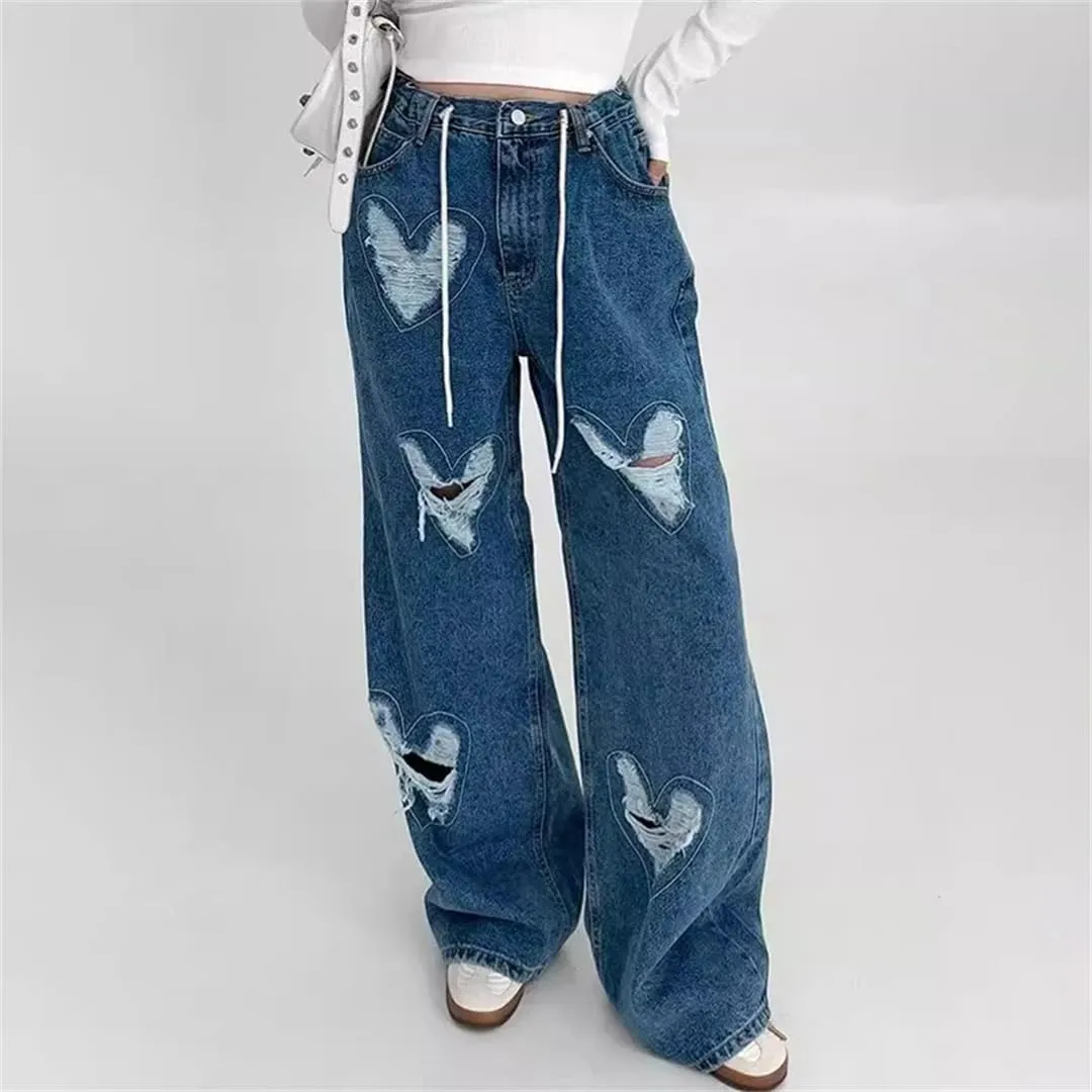 Women's Denim Pants Heart Shape Broken Holes Distressed Loose Straight Drawstring Jeans