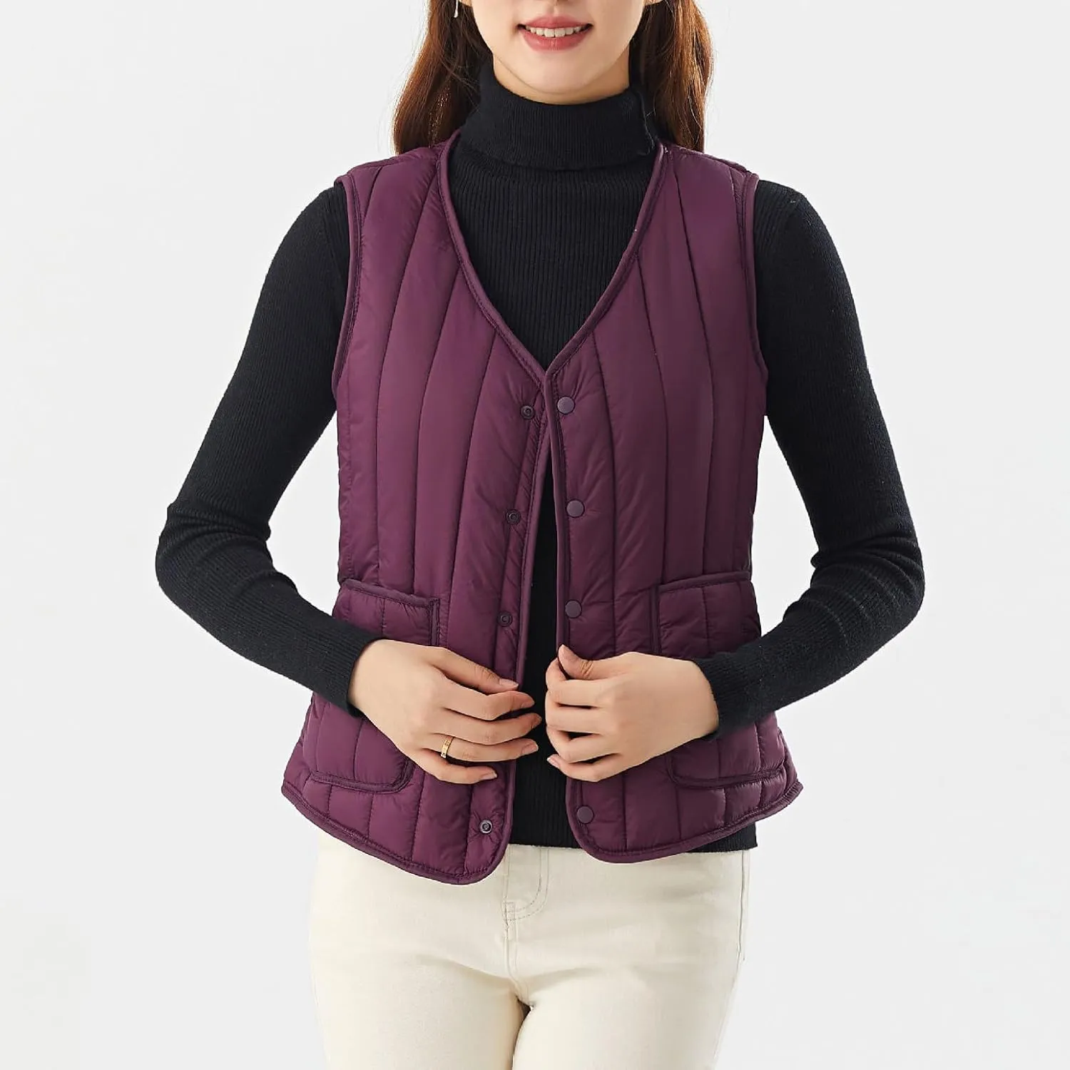 Womens Lightweight Down Vest V Neck Button Fashion Puffer Vest Sleeveless Casual Comfy Warm Jackets with Pockets