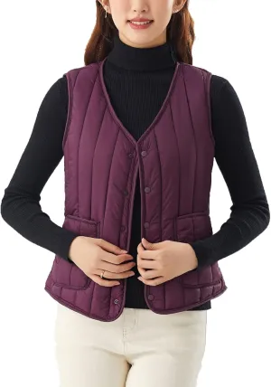 Womens Lightweight Down Vest V Neck Button Fashion Puffer Vest Sleeveless Casual Comfy Warm Jackets with Pockets