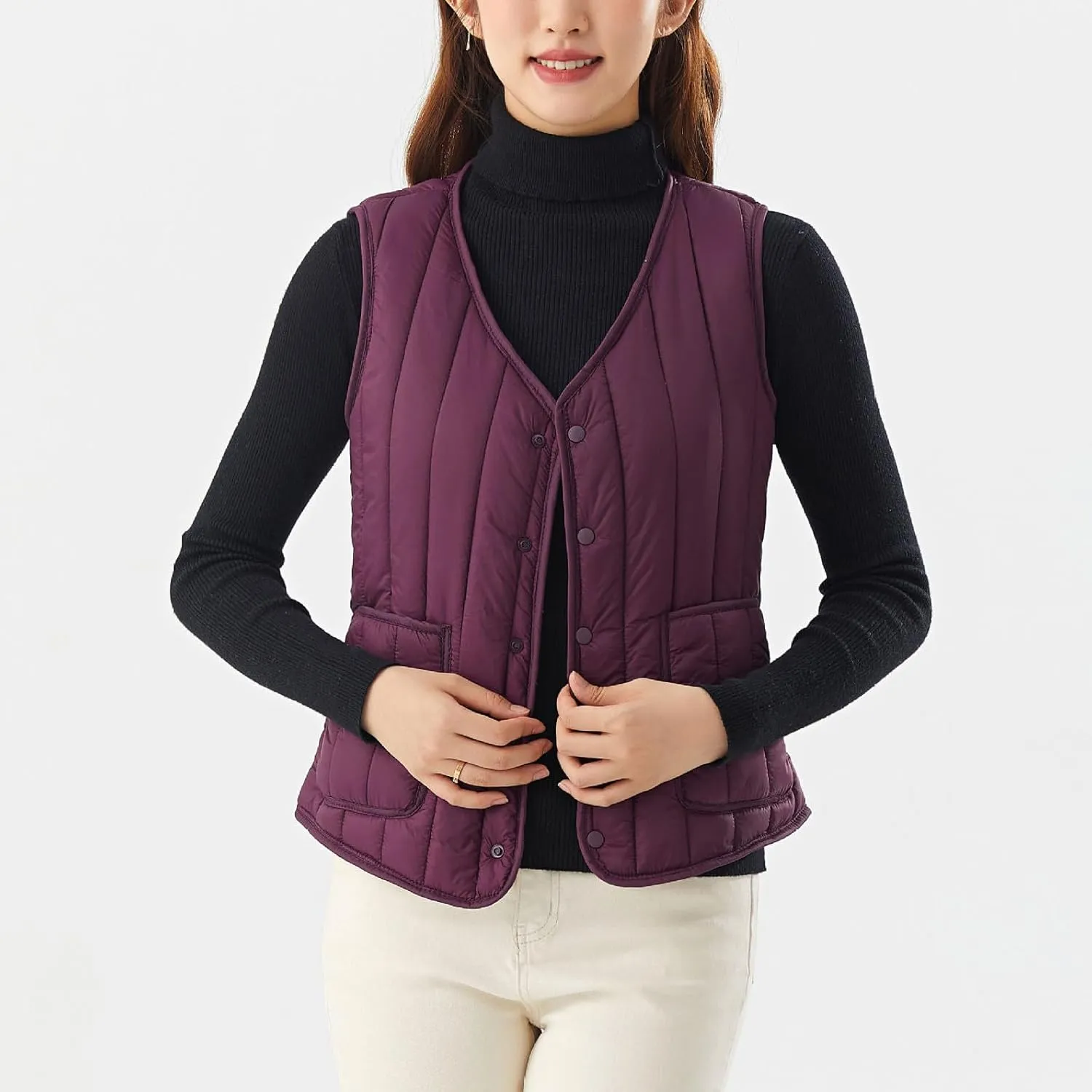 Womens Lightweight Down Vest V Neck Button Fashion Puffer Vest Sleeveless Casual Comfy Warm Jackets with Pockets