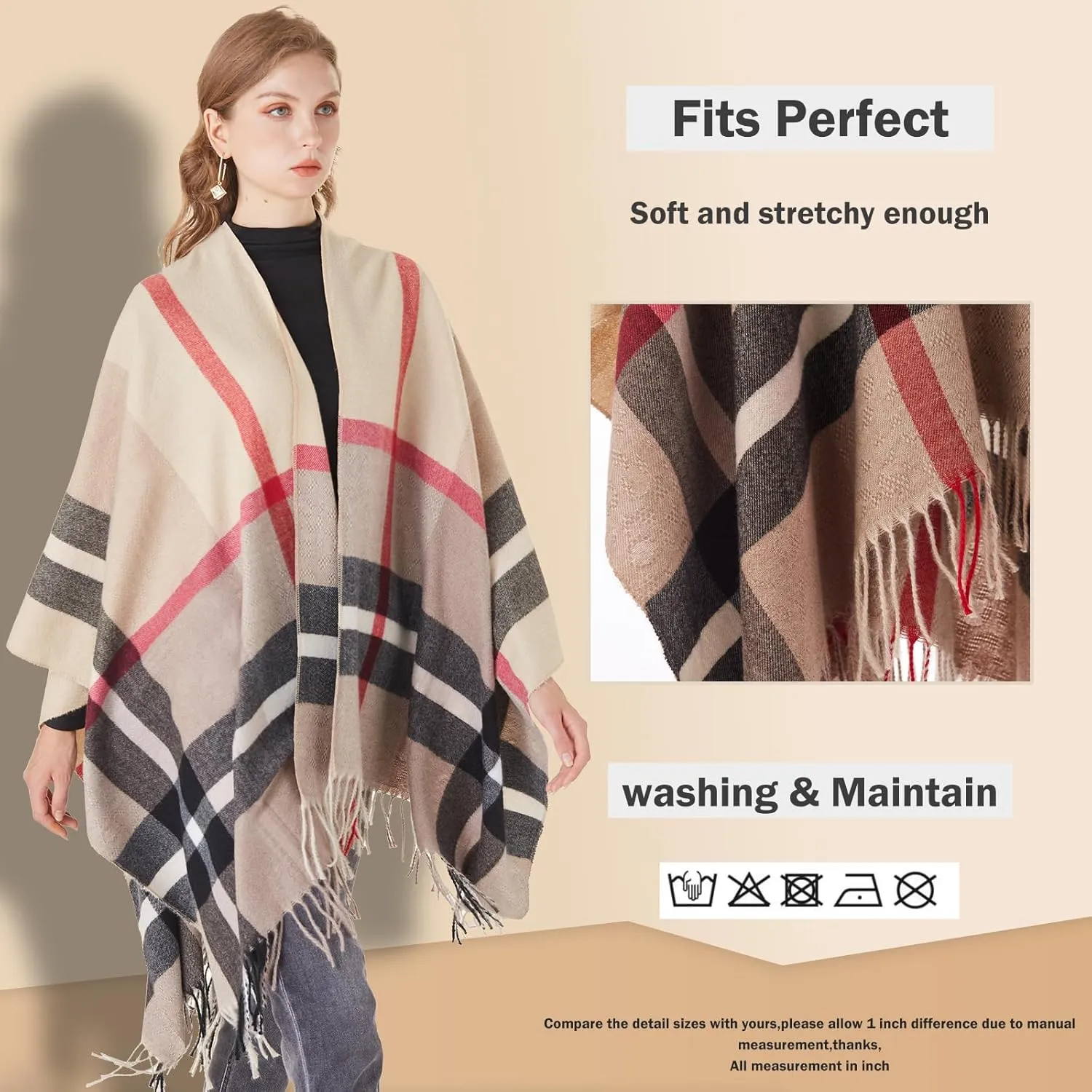 Women's Plaid Shawl Wrap Warm Cardigan Open Front Poncho Cape for Central Air Conditioning or Public Chilly Places