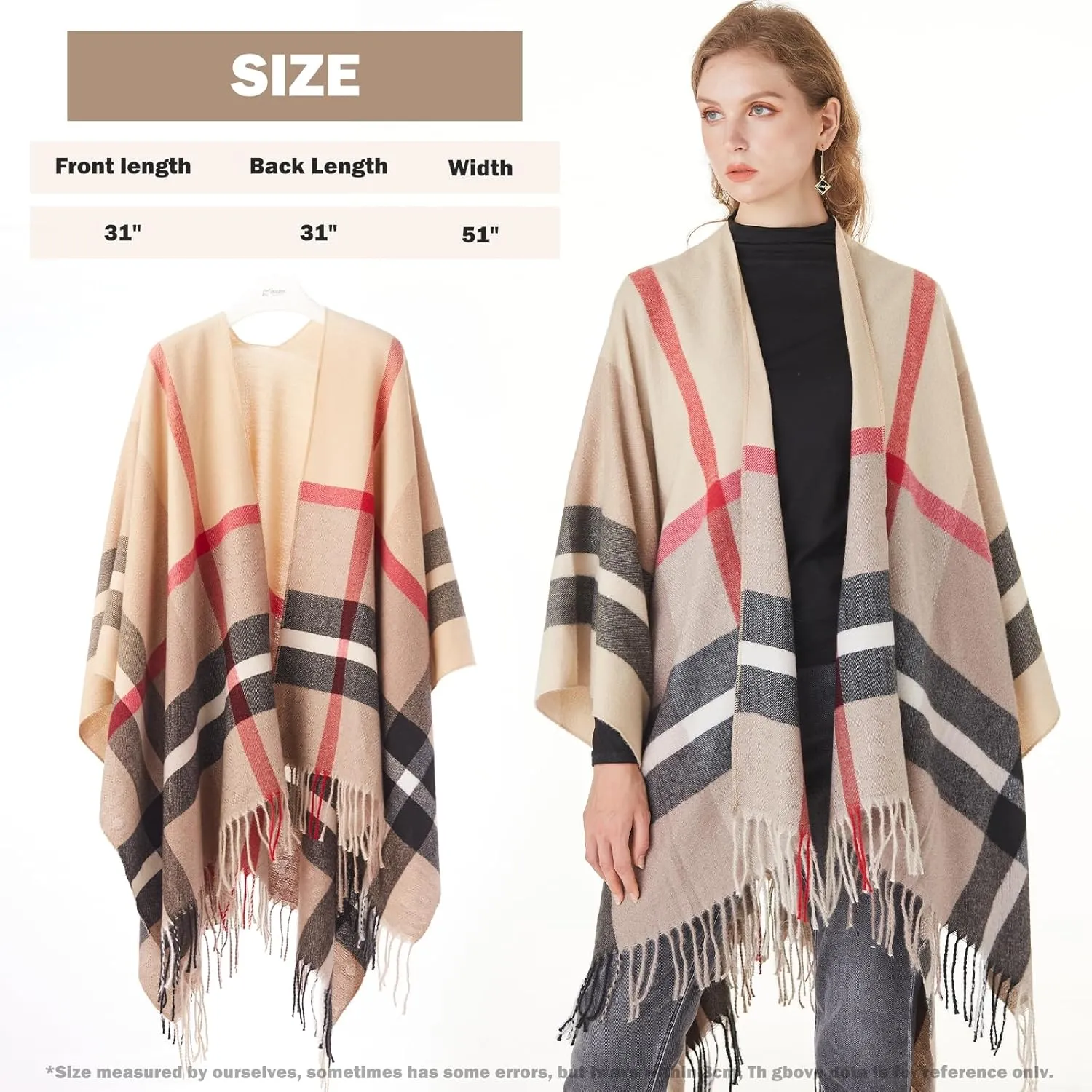 Women's Plaid Shawl Wrap Warm Cardigan Open Front Poncho Cape for Central Air Conditioning or Public Chilly Places