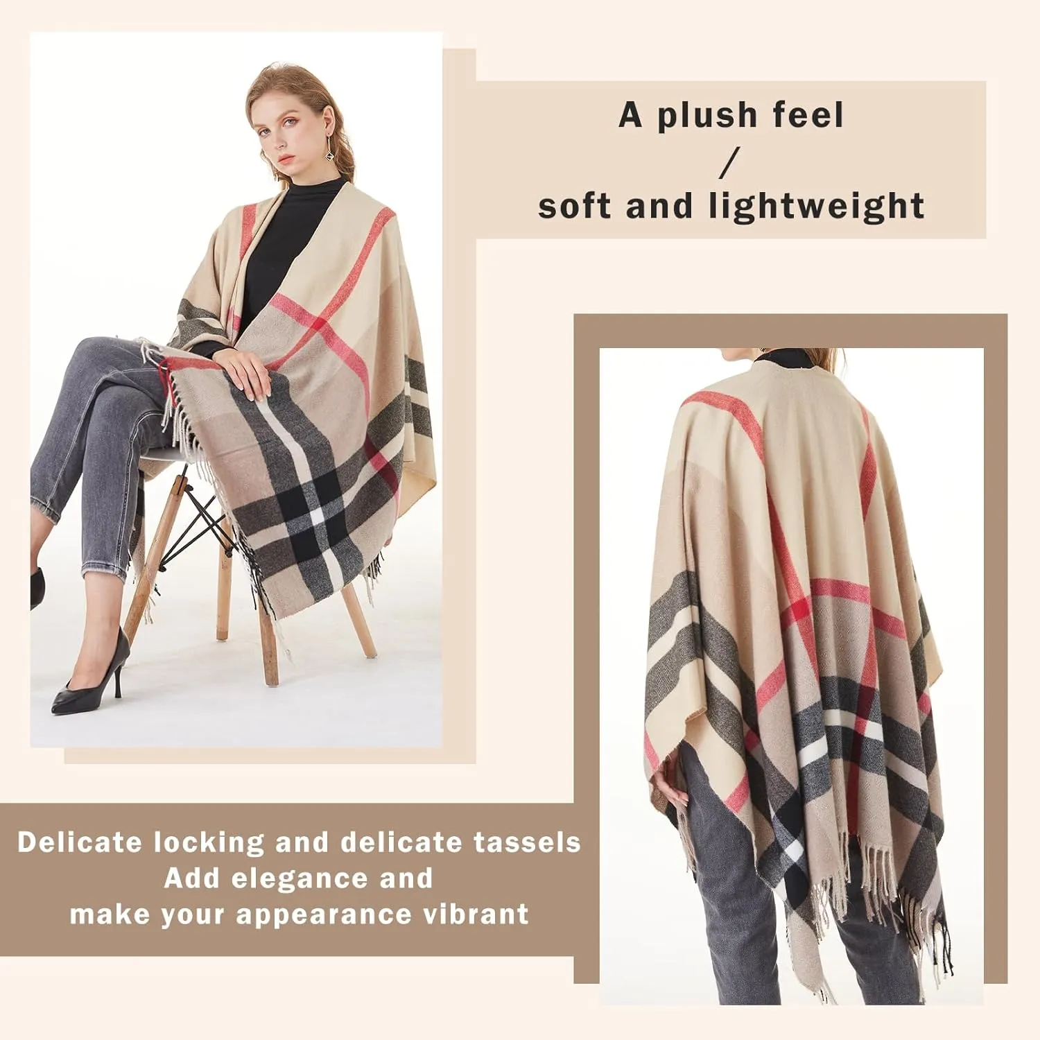 Women's Plaid Shawl Wrap Warm Cardigan Open Front Poncho Cape for Central Air Conditioning or Public Chilly Places