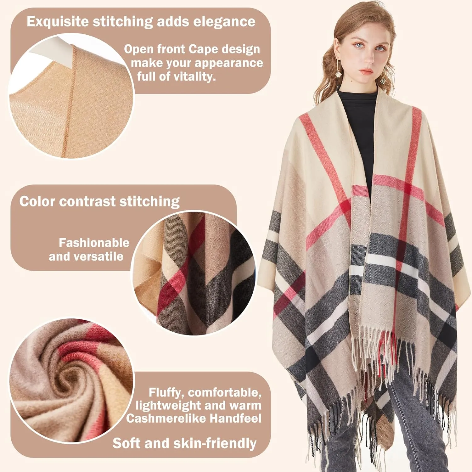 Women's Plaid Shawl Wrap Warm Cardigan Open Front Poncho Cape for Central Air Conditioning or Public Chilly Places