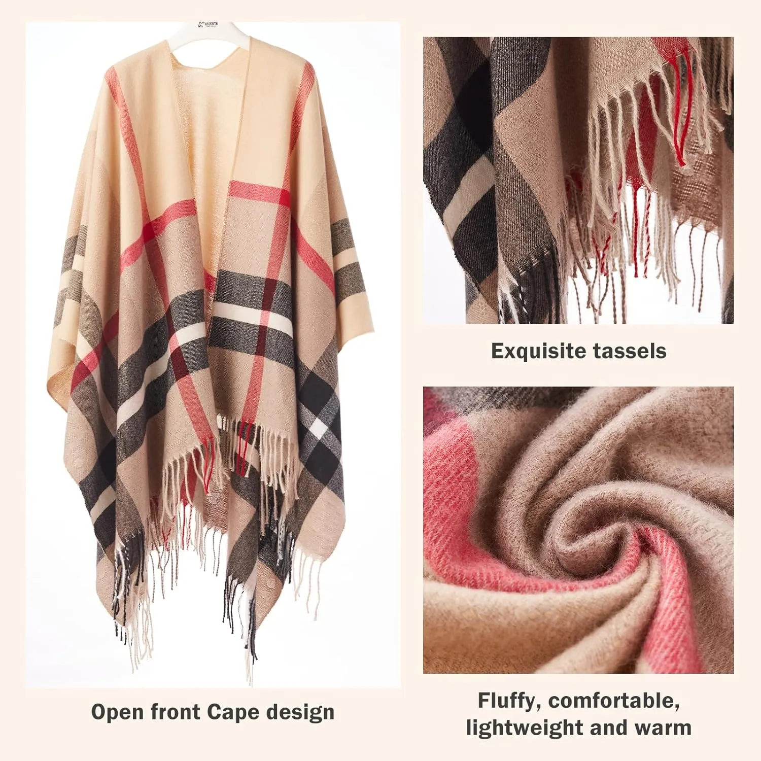 Women's Plaid Shawl Wrap Warm Cardigan Open Front Poncho Cape for Central Air Conditioning or Public Chilly Places
