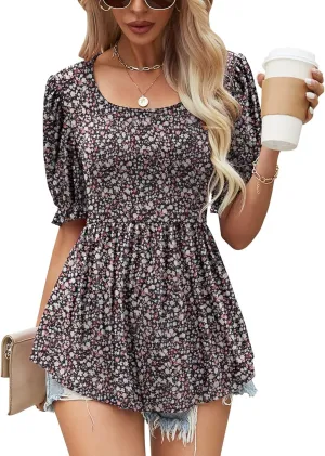 Women's Puff Sleeve Peplum Tunic Tops Casual Square Neck Flowy Blouse Floral Print Lace Shirt