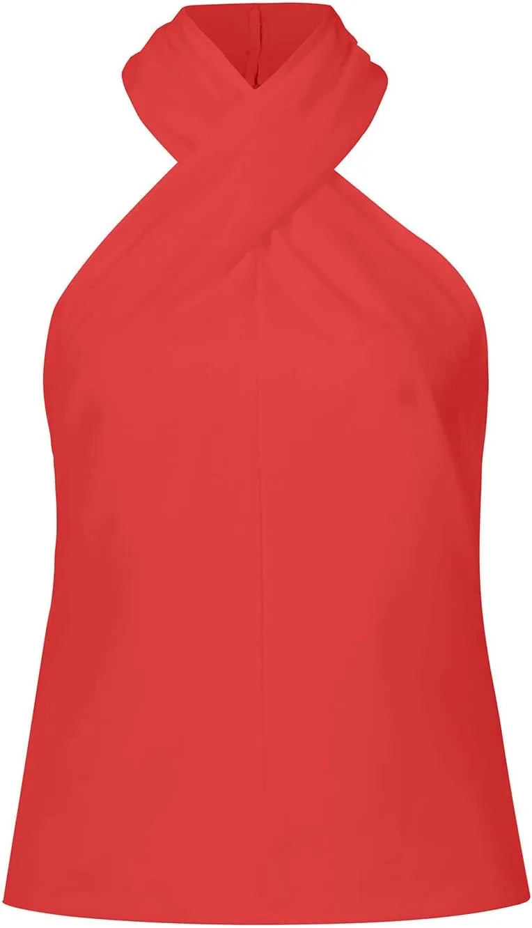 Womens Summer Halter Tank Tops Sleeveless Criss Cross Zipper Basic Top Beach Vacation Off Shoulder Outfit