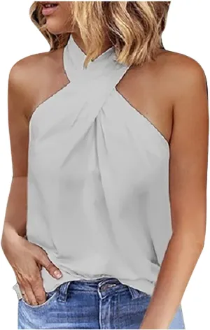 Womens Summer Halter Tank Tops Sleeveless Criss Cross Zipper Basic Top Beach Vacation Off Shoulder Outfit