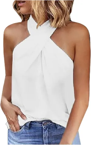 Womens Summer Halter Tank Tops Sleeveless Criss Cross Zipper Basic Top Beach Vacation Off Shoulder Outfit