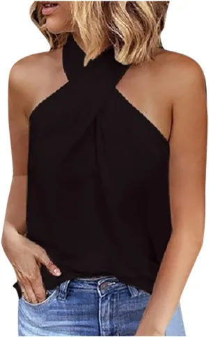 Womens Summer Halter Tank Tops Sleeveless Criss Cross Zipper Basic Top Beach Vacation Off Shoulder Outfit