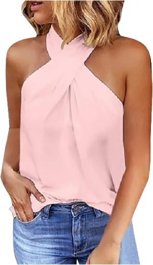 Womens Summer Halter Tank Tops Sleeveless Criss Cross Zipper Basic Top Beach Vacation Off Shoulder Outfit