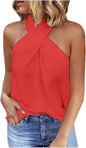 Womens Summer Halter Tank Tops Sleeveless Criss Cross Zipper Basic Top Beach Vacation Off Shoulder Outfit