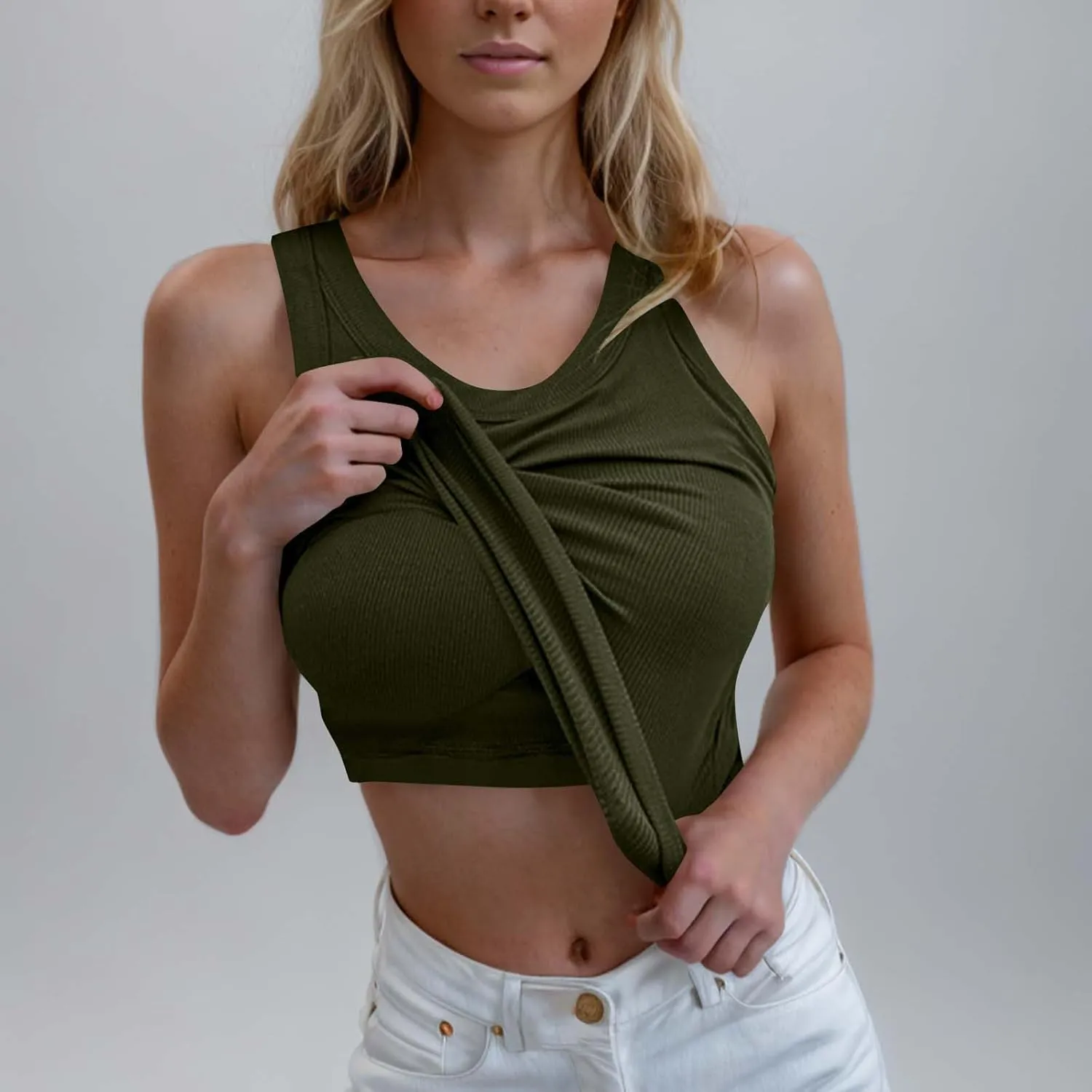 Women's Summer Sleeveless Tank Top with Built in Bras Ribbed Knit Casual Going Out T Shirts Cute Workout Camisoles