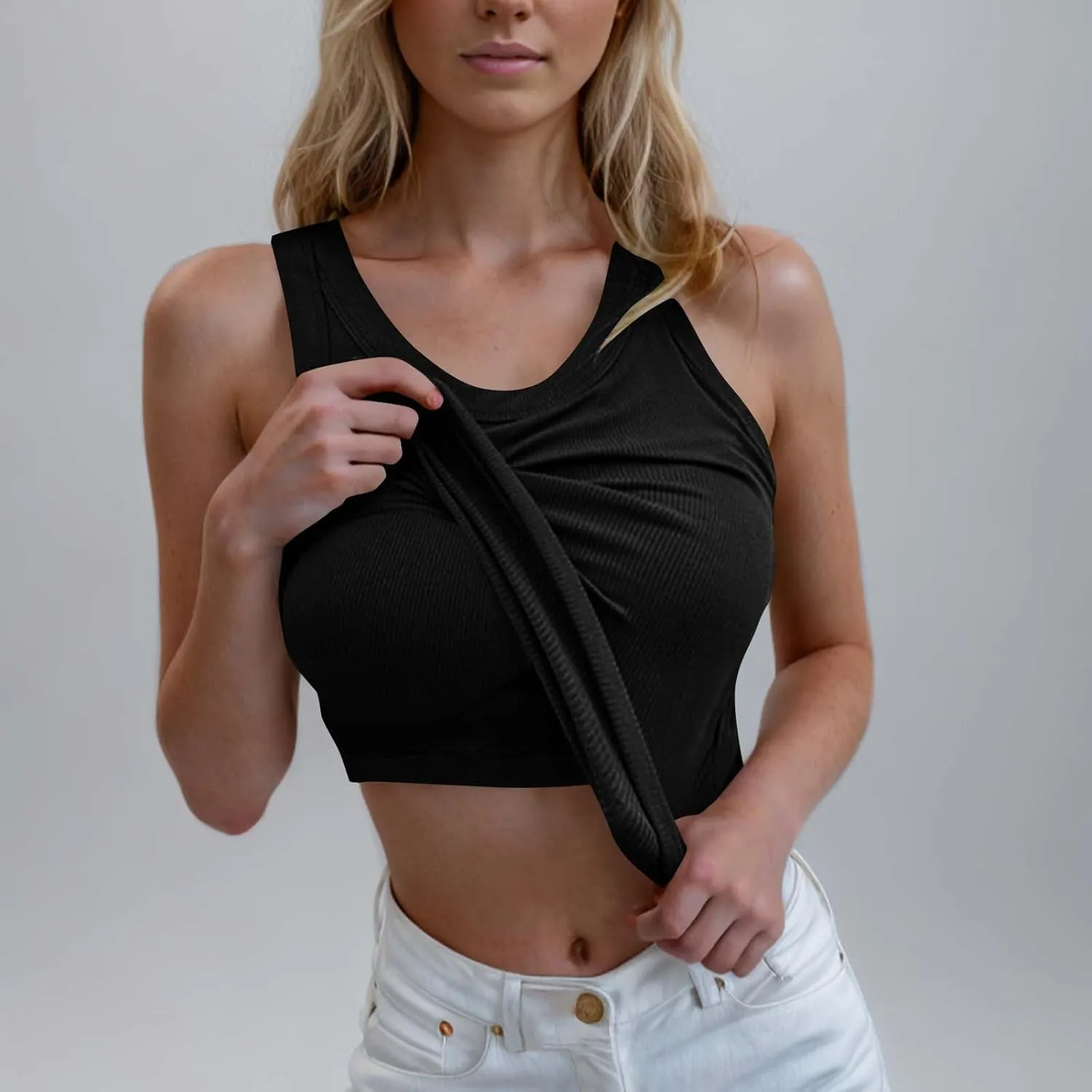 Women's Summer Sleeveless Tank Top with Built in Bras Ribbed Knit Casual Going Out T Shirts Cute Workout Camisoles