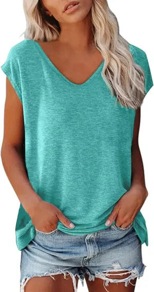 Women's Summer Tops 2025 Trendy Plus Size Cap Sleeve T Shirts Loose Fit Tank Top V Neck Solid Casual Tunic Blouse