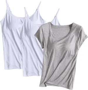 Womens Tank Tops with Built in Bra Pack of 3, Sports Workout Tanks Comfort Fitted Active Yoga Vest with Chest Pad