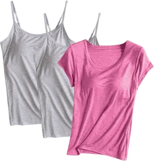 Womens Tank Tops with Built in Bra Pack of 3, Sports Workout Tanks Comfort Fitted Active Yoga Vest with Chest Pad