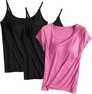 Womens Tank Tops with Built in Bra Pack of 3, Sports Workout Tanks Comfort Fitted Active Yoga Vest with Chest Pad