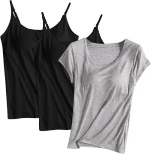 Womens Tank Tops with Built in Bra Pack of 3, Sports Workout Tanks Comfort Fitted Active Yoga Vest with Chest Pad