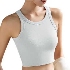 Womens Tank Tops with Bulit Padded Bra Workout Yoga Crop Tops Slim Fit Basic U Neck Active Underwear Ribbed Tanks