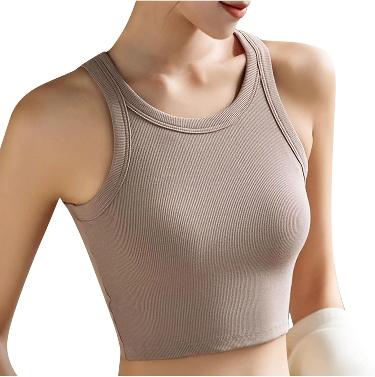 Womens Tank Tops with Bulit Padded Bra Workout Yoga Crop Tops Slim Fit Basic U Neck Active Underwear Ribbed Tanks