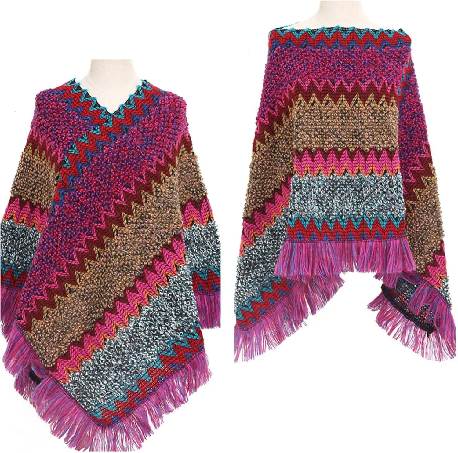Women's Vintage Warm Knitted Tassel Poncho Shawl Cape Button Cardigan Poncho Cape Blanket Shawls and Wraps for Winter