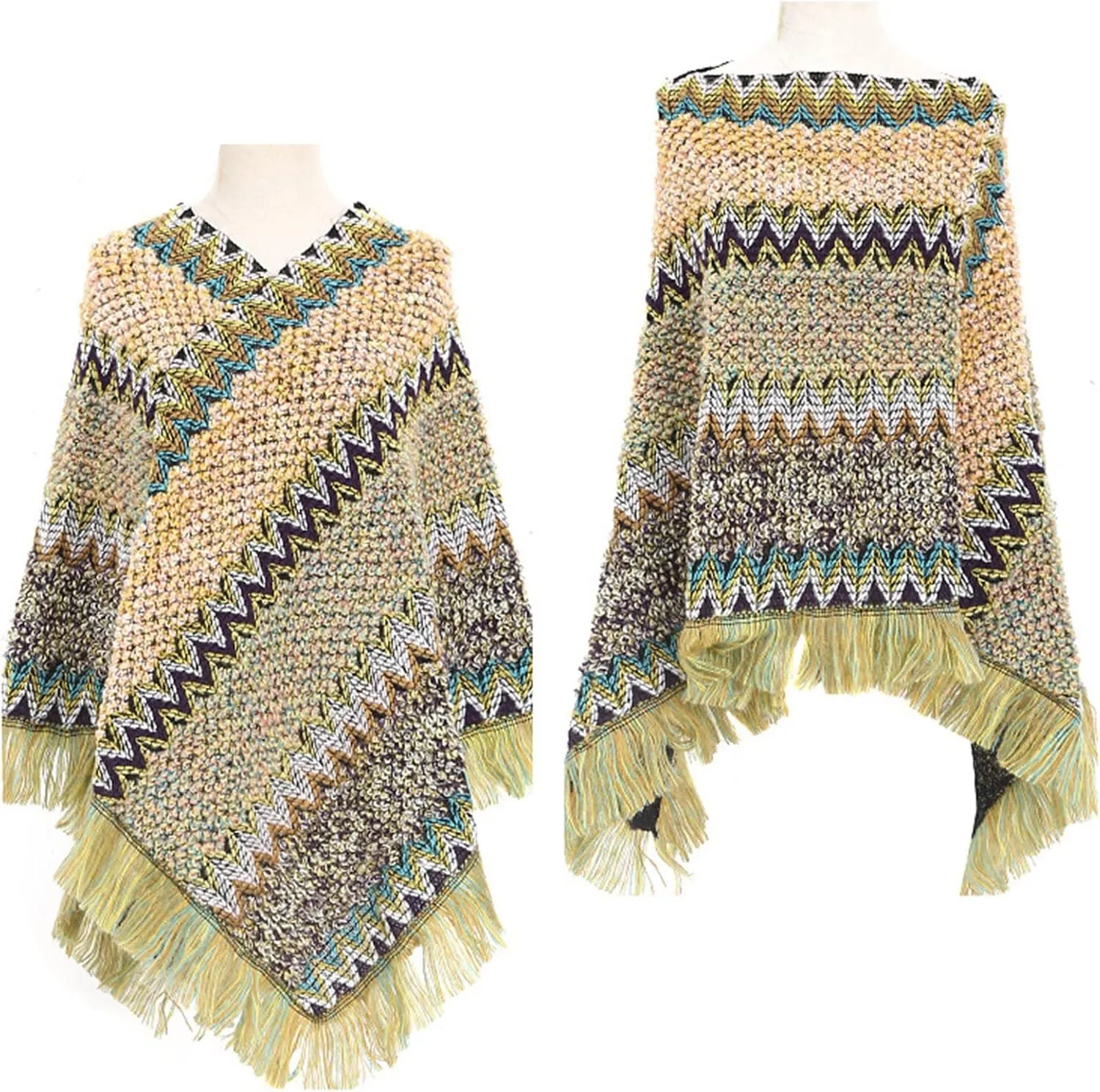 Women's Vintage Warm Knitted Tassel Poncho Shawl Cape Button Cardigan Poncho Cape Blanket Shawls and Wraps for Winter