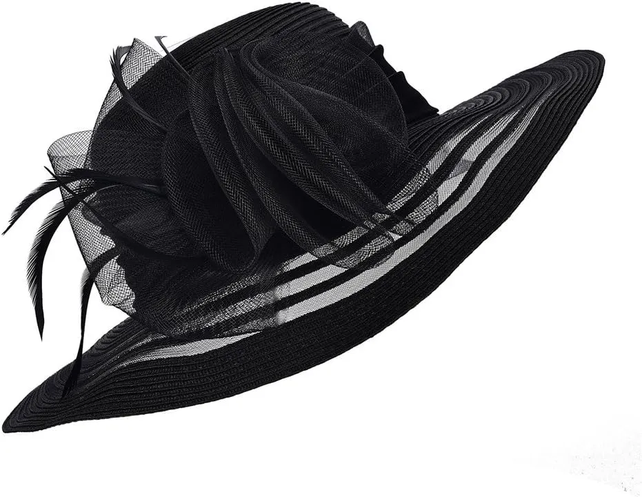 Womens Wide Brim Floral Feather Church Dress Sun Hat A340