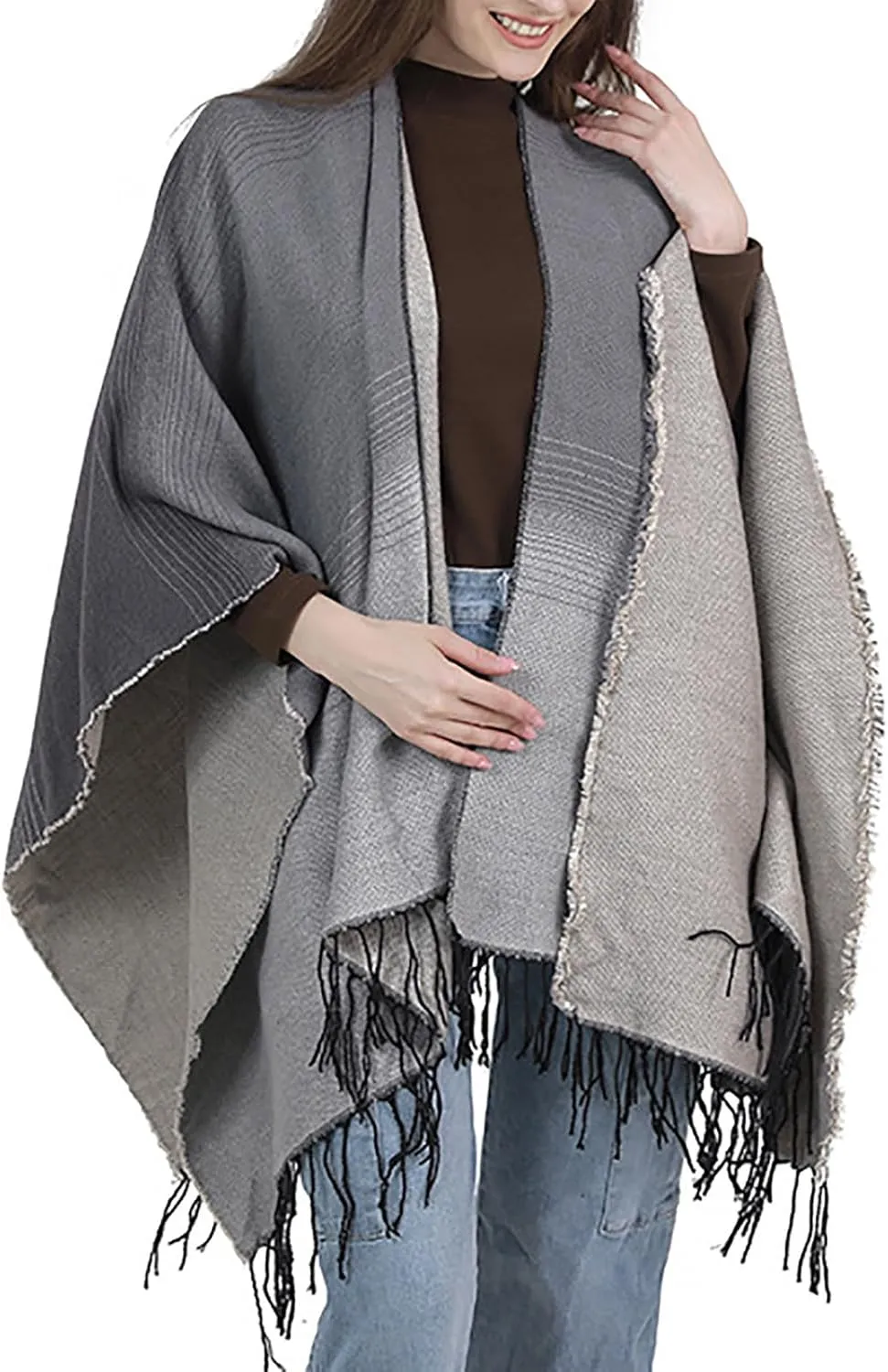 Women's Wraps and Shawls for Evening Dresses, Color Block Poncho Cape Tassels Open Front Cardigan Sweater for Winter
