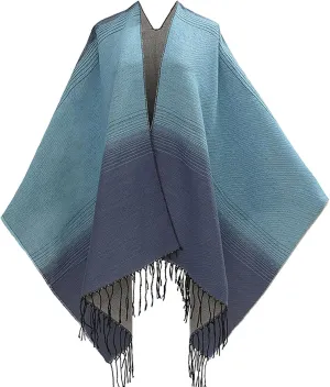 Women's Wraps and Shawls for Evening Dresses, Color Block Poncho Cape Tassels Open Front Cardigan Sweater for Winter