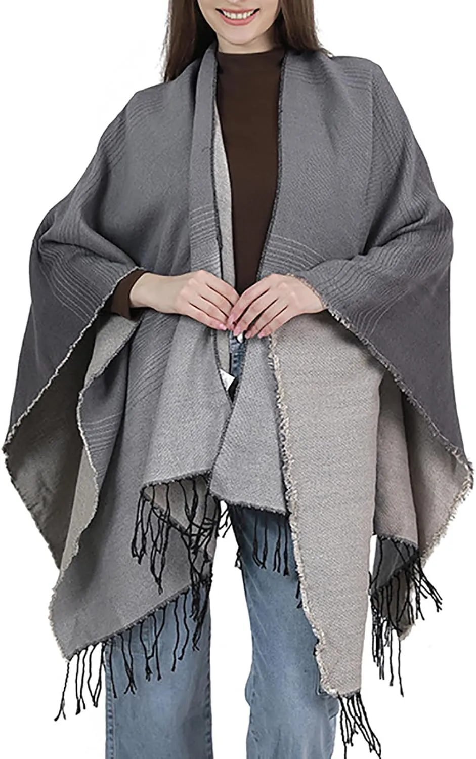 Women's Wraps and Shawls for Evening Dresses, Color Block Poncho Cape Tassels Open Front Cardigan Sweater for Winter