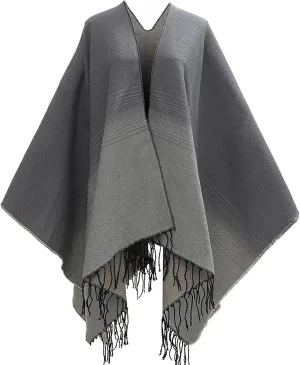 Women's Wraps and Shawls for Evening Dresses, Color Block Poncho Cape Tassels Open Front Cardigan Sweater for Winter