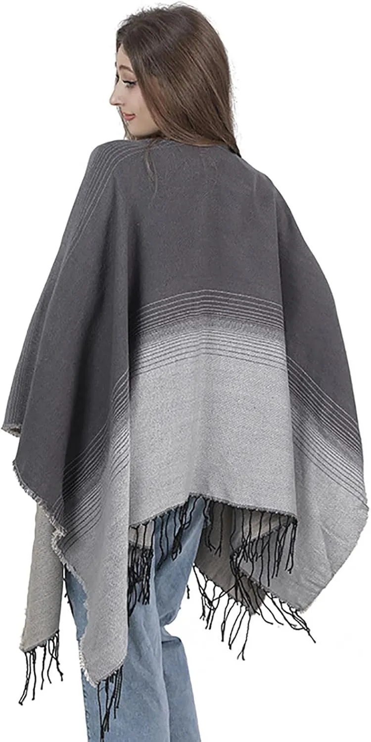 Women's Wraps and Shawls for Evening Dresses, Color Block Poncho Cape Tassels Open Front Cardigan Sweater for Winter