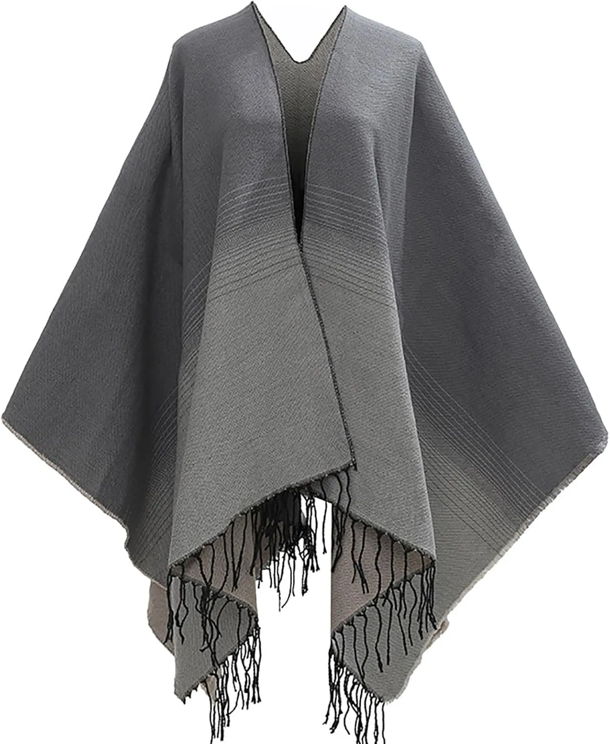 Women's Wraps and Shawls for Evening Dresses, Color Block Poncho Cape Tassels Open Front Cardigan Sweater for Winter