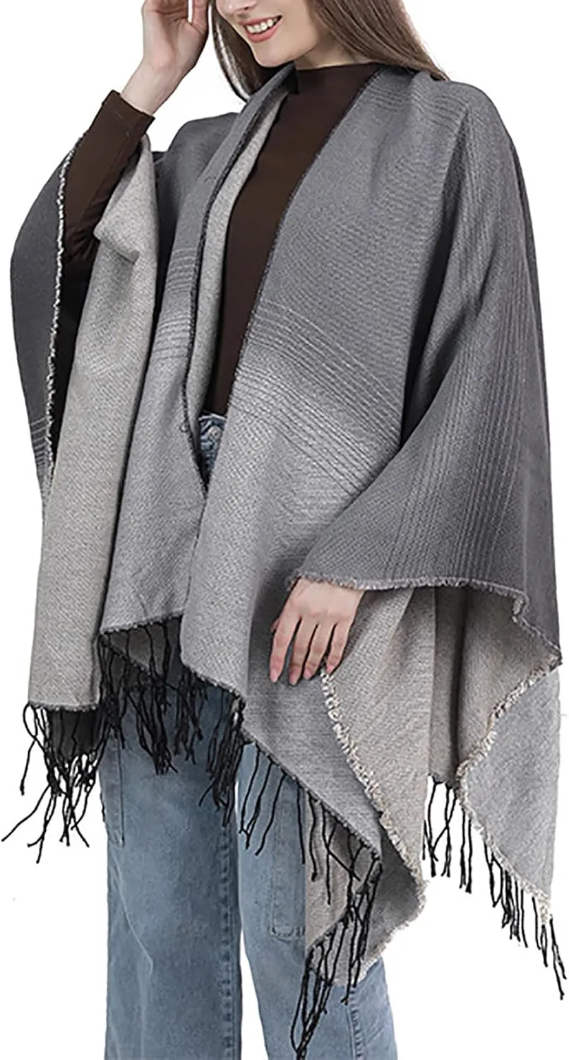 Women's Wraps and Shawls for Evening Dresses, Color Block Poncho Cape Tassels Open Front Cardigan Sweater for Winter