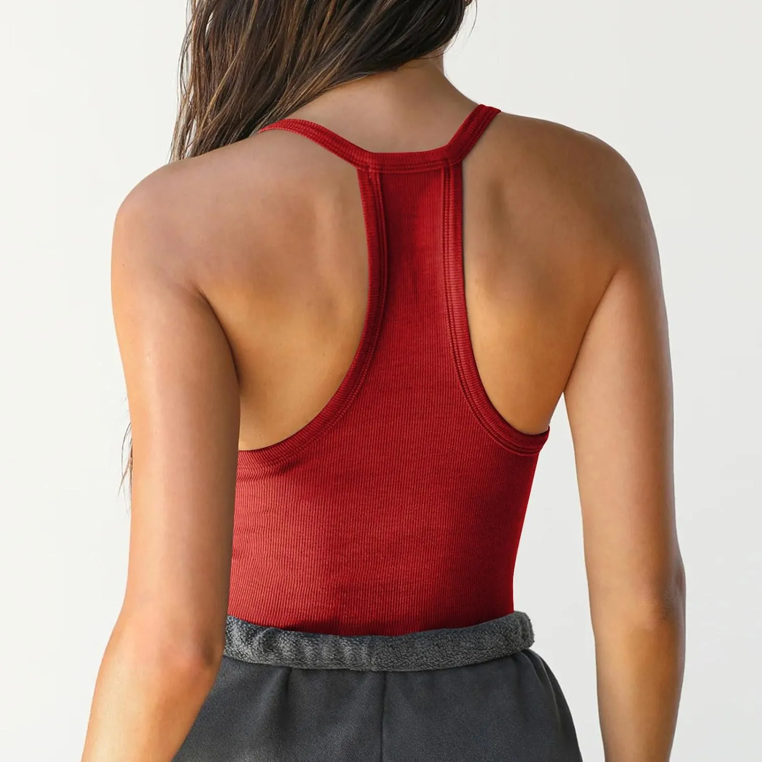 Workout Yoga Tops for Women Racerback Basic Tank Summer Spaghetti Strap Camisole V Neck Slim Fit Ribbed Sleeveless