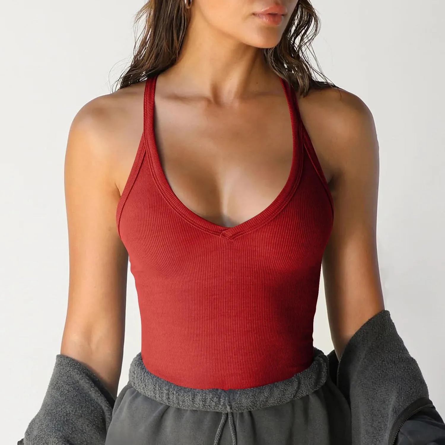 Workout Yoga Tops for Women Racerback Basic Tank Summer Spaghetti Strap Camisole V Neck Slim Fit Ribbed Sleeveless