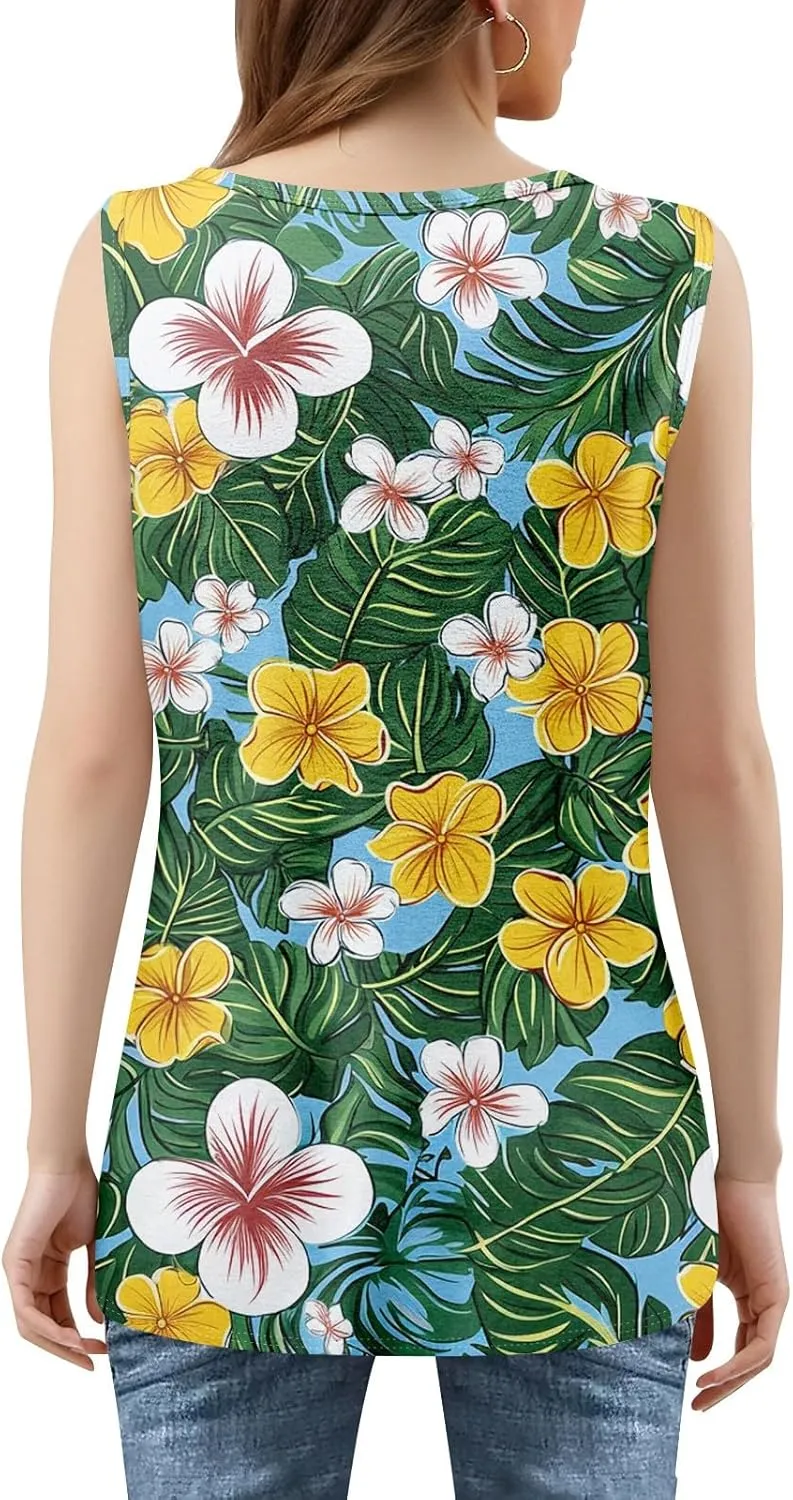 XIAXOGOOL Tank Tops for Women Summer Outfits 2025 Square Neck Casual Shirts Blouses Floral Print Pleated Sleeveless Tunic Top
