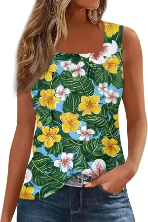 XIAXOGOOL Tank Tops for Women Summer Outfits 2025 Square Neck Casual Shirts Blouses Floral Print Pleated Sleeveless Tunic Top