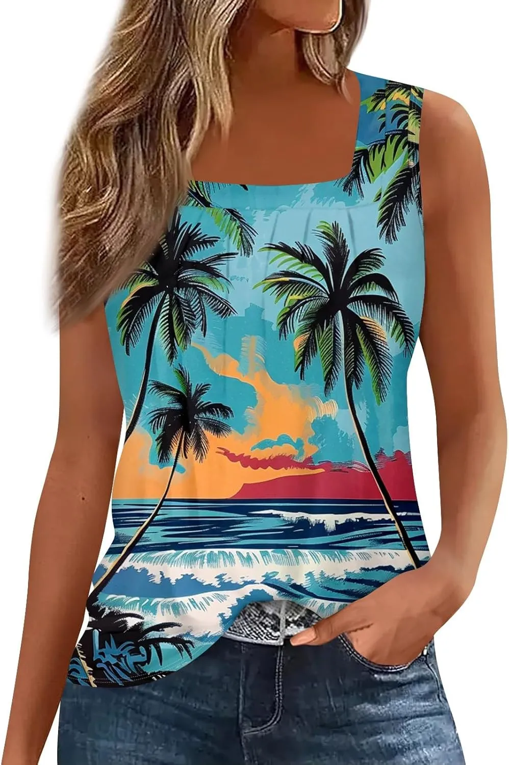 XIAXOGOOL Tank Tops for Women Summer Outfits 2025 Square Neck Casual Shirts Blouses Floral Print Pleated Sleeveless Tunic Top